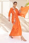 Koashee by Shubitaa_Orange Bemberg Silk Embroidered Embellished Printed Asymmetric Draped Skirt Set_Online_at_Aza_Fashions