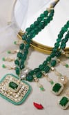 Shop_joules by radhika_Green Bead Square Stone Embellished Pendant Necklace Set _at_Aza_Fashions