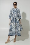 Sobariko_Blue Linen Printed Floral Round Cordelia Dress _Online_at_Aza_Fashions