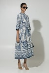 Buy_Sobariko_Blue Linen Printed Floral Round Cordelia Dress _Online_at_Aza_Fashions