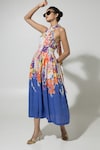 Sobariko_Blue Linen Printed Floral Halter Isla Dress _at_Aza_Fashions