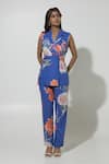 Buy_Sobariko_Blue Linen Printed Floral Lapel Collar Iris Jacket And Pant Set _at_Aza_Fashions