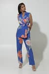 Sobariko_Blue Linen Printed Floral Lapel Collar Iris Jacket And Pant Set _at_Aza_Fashions