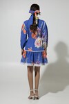 Shop_Sobariko_Blue Linen Printed Floral Stand Collar Iris Puffed Sleeve Dress _at_Aza_Fashions