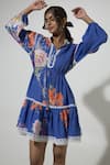 Buy_Sobariko_Blue Linen Printed Floral Stand Collar Iris Puffed Sleeve Dress _Online_at_Aza_Fashions