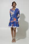 Shop_Sobariko_Blue Linen Printed Floral Stand Collar Iris Puffed Sleeve Dress _Online_at_Aza_Fashions