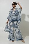 Buy_Sobariko_Blue Linen Printed Floral Collar Cordelia Shirt And Pant Set _at_Aza_Fashions