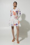 Buy_Sobariko_White Linen Printed Floral Stand Iris Pattern Puffed Sleeve Dress _at_Aza_Fashions