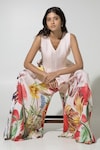 Sobariko_Peach Linen Printed Floral V Neck Wildflower Jumpsuit _Online_at_Aza_Fashions