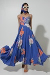 Buy_Sobariko_Blue Linen Printed Floral Sweetheart Isla Pattern Strappy Dress _at_Aza_Fashions