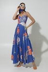 Shop_Sobariko_Blue Linen Printed Floral Sweetheart Isla Pattern Strappy Dress _at_Aza_Fashions