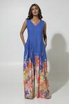 Buy_Sobariko_Blue Linen Printed Floral V Neck Isla Jumpsuit _at_Aza_Fashions