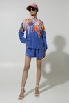 Buy_Sobariko_Blue Linen Printed Floral High Neck Isla Shirt And Shorts Set _at_Aza_Fashions