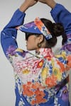 Sobariko_Blue Linen Printed Floral High Neck Isla Shirt And Shorts Set _Online_at_Aza_Fashions