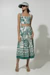 Buy_Sobariko_Green Linen Printed Floral Square Neck Cordelia Crop Top And Skirt Set _at_Aza_Fashions