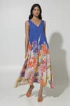 Buy_Sobariko_Blue Linen Printed Floral V Neck Isla Dress _Online_at_Aza_Fashions