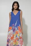 Shop_Sobariko_Blue Linen Printed Floral V Neck Isla Dress _Online_at_Aza_Fashions
