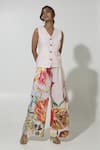 Buy_Sobariko_Peach Linen Printed Floral V Neck Wildflower Waistcoat And Pant Set _at_Aza_Fashions