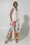 Sobariko_Peach Linen Printed Floral V Neck Wildflower Waistcoat And Pant Set _Online_at_Aza_Fashions