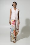 Buy_Sobariko_Peach Linen Printed Floral V Neck Wildflower Waistcoat And Pant Set _Online_at_Aza_Fashions