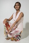 Shop_Sobariko_Peach Linen Printed Floral V Neck Wildflower Waistcoat And Pant Set _Online_at_Aza_Fashions