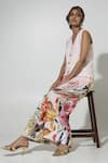 Sobariko_Peach Linen Printed Floral V Neck Wildflower Waistcoat And Pant Set _at_Aza_Fashions