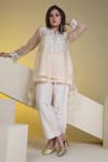 Buy_Sunita Nagi_Beige Organza Embroidered Mirror Notched Floral Thread And Top Pant Set _at_Aza_Fashions