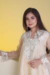 Buy_Sunita Nagi_Beige Organza Embroidered Mirror Notched Floral Thread And Top Pant Set _Online_at_Aza_Fashions