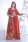 Buy_Sunita Nagi_Maroon Dupion Silk Embroidery Gul Open Neck Jacket With Inner Draped Kurta _at_Aza_Fashions