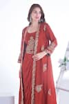 Shop_Sunita Nagi_Maroon Dupion Silk Embroidery Gul Open Neck Jacket With Inner Draped Kurta _Online_at_Aza_Fashions