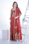 Shop_Sunita Nagi_Maroon Dupion Silk Embroidery Gul Open Neck Jacket With Inner Draped Kurta _at_Aza_Fashions