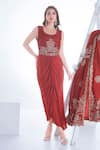 Buy_Sunita Nagi_Maroon Dupion Silk Embroidery Gul Open Neck Jacket With Inner Draped Kurta 