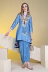 Sunita Nagi_Blue Kurta Dupion Embroidery Damask Mandarin Collar Yoke With Draped Skirt _Online_at_Aza_Fashions