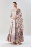 Adara Khan_Multi Color Anarkali Dola Silk Printed Floral Round Chevron With Dupatta_Online_at_Aza_Fashions