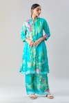 Buy_Samyukta Singhania_Sky Blue Pure Muslin Printed Floral Mandarin Collar Blossom Kurta With Pant _at_Aza_Fashions