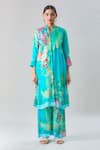 Samyukta Singhania_Sky Blue Pure Muslin Printed Floral Mandarin Collar Blossom Kurta With Pant _Online_at_Aza_Fashions