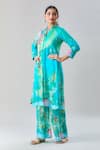 Shop_Samyukta Singhania_Sky Blue Pure Muslin Printed Floral Mandarin Collar Blossom Kurta With Pant _Online_at_Aza_Fashions