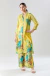Shop_Adara Khan_Yellow Pure Muslin Printed Floral Mandarin Collar Branch Kurta With Pant_Online_at_Aza_Fashions