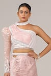 Buy_Sidhaarth & Disha_Peach Blouse And Dupatta Organza Hand Embroidery Sequins One Shoulder Skirt Set_Online_at_Aza_Fashions