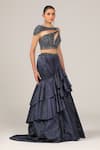 Sidhaarth & Disha_Blue Blouse Hand Embroidery Tonal Sequins Asymmetric Neck With Ruffle Skirt _Online_at_Aza_Fashions