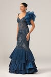 Buy_Sidhaarth & Disha_Blue Net Embroidery Bead Sweetheart Neck Ruffle Fishcut Gown _at_Aza_Fashions