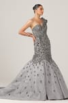 Sidhaarth & Disha_Grey Net Embroidery Bead Sweetheart Neck Floral Applique Fishcut Gown_Online_at_Aza_Fashions