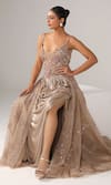 Buy_Sidhaarth & Disha_Beige Net Embroidery Sequin Blunt V Neck Draped Gown_at_Aza_Fashions