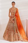 Buy_Ruchika Hurria_Orange Net Embroidered Sequin Leaf Zari Bridal Lehenga Set _at_Aza_Fashions