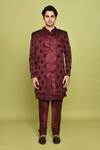 Buy_Aryavir Malhotra_Maroon Gorgia Tuxido Satin Feather Pattern Sherwani With Kurta_at_Aza_Fashions