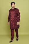 Aryavir Malhotra_Maroon Gorgia Tuxido Satin Feather Pattern Sherwani With Kurta _Online_at_Aza_Fashions