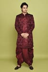 Buy_Aryavir Malhotra_Maroon Sherwani And Inner Kurta Gorgia Tuxido Satin Feather Pattern Dhoti Set _at_Aza_Fashions