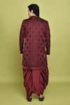 Shop_Aryavir Malhotra_Maroon Sherwani And Inner Kurta Gorgia Tuxido Satin Feather Pattern Dhoti Set _at_Aza_Fashions