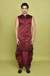 Aryavir Malhotra_Maroon Sherwani And Inner Kurta Gorgia Tuxido Satin Feather Pattern Dhoti Set _Online_at_Aza_Fashions