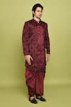 Shop_Aryavir Malhotra_Maroon Sherwani And Inner Kurta Gorgia Tuxido Satin Feather Pattern Dhoti Set _Online_at_Aza_Fashions